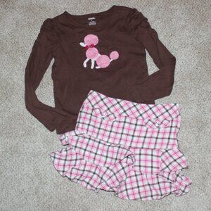 Girls Gymboree Parisian Chic Brown Pink Poodle Shirt & Plaid Ruffled Skort sz 6